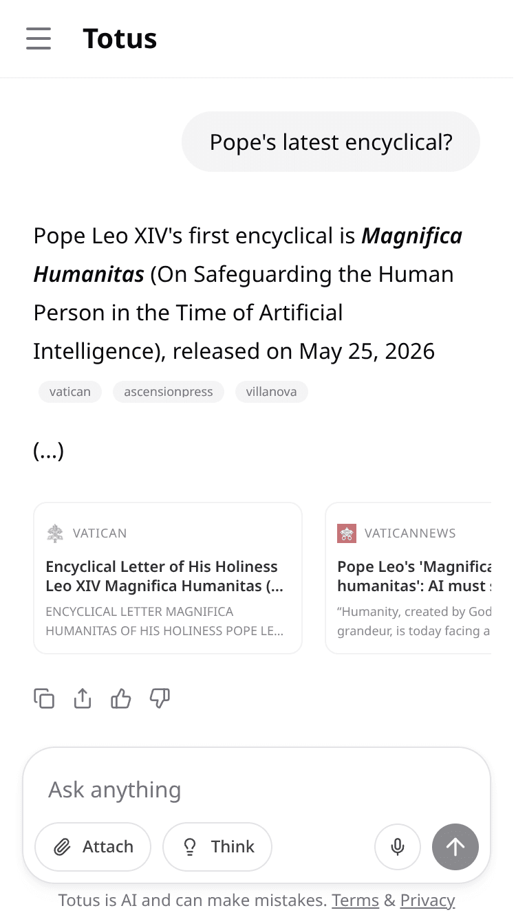 Totus AI displaying live web search results and news updates in conversation interface